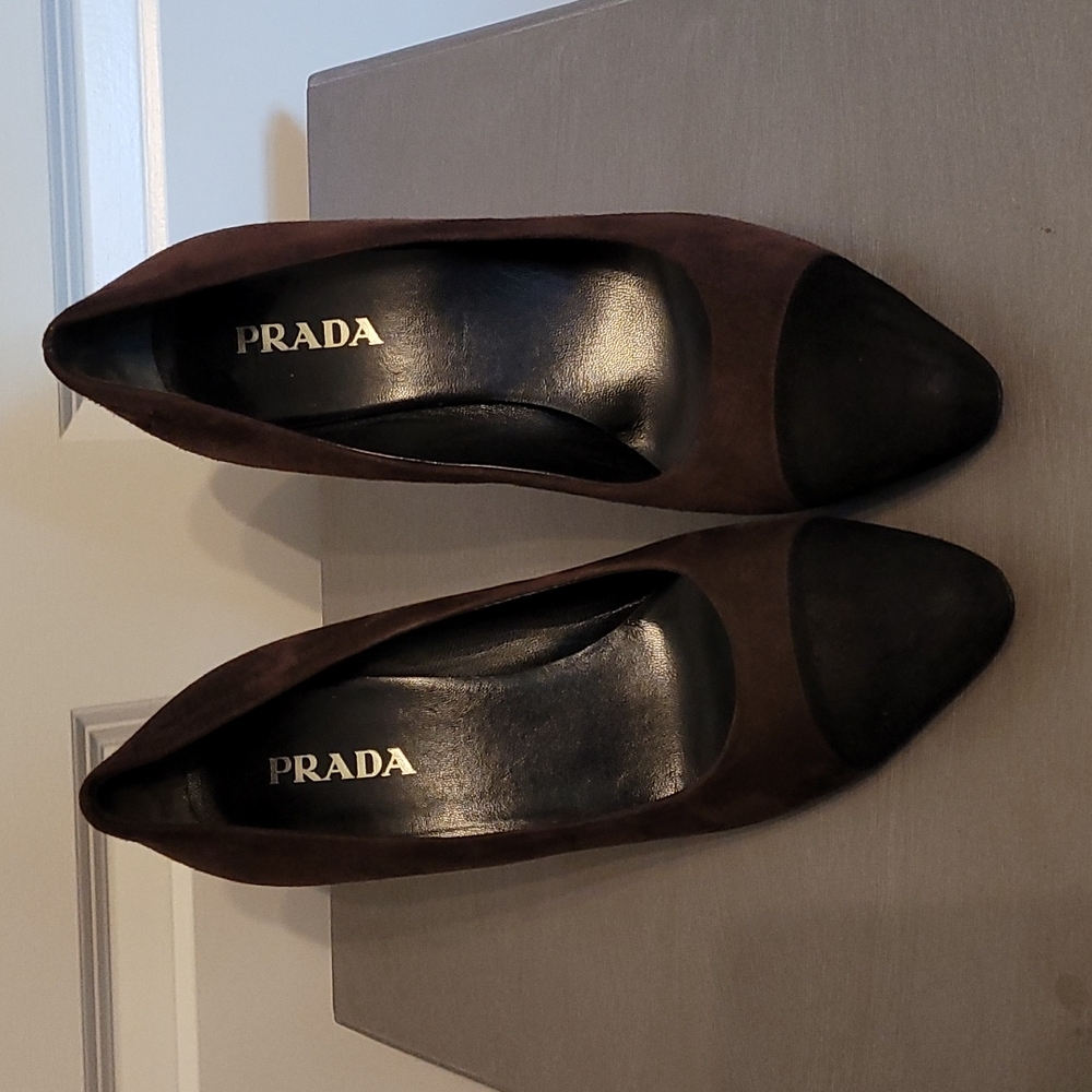 Prada brown and black suede heels